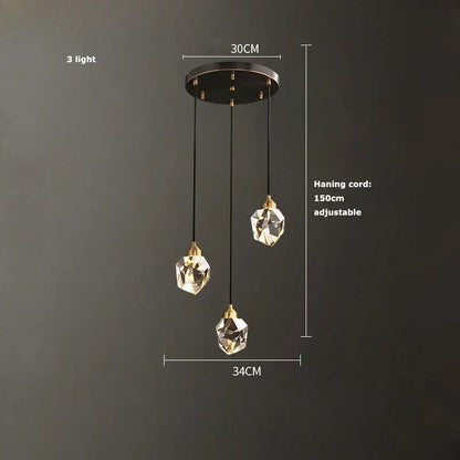 Decorbites black gold three-light pendant lamp with faceted black gold crystal shades and adjustable cords for luxury decor