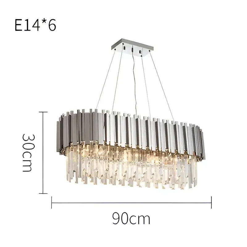Silver-toned oval lighting fixture with vertical chrome bars and clear crystal prisms by decorbites black gold crystal