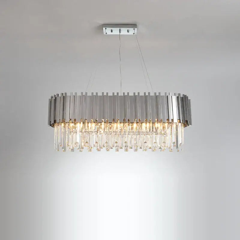 Modern oval decorbites black gold crystal lighting fixture with sleek chrome frame and cascading clear prisms chandelier