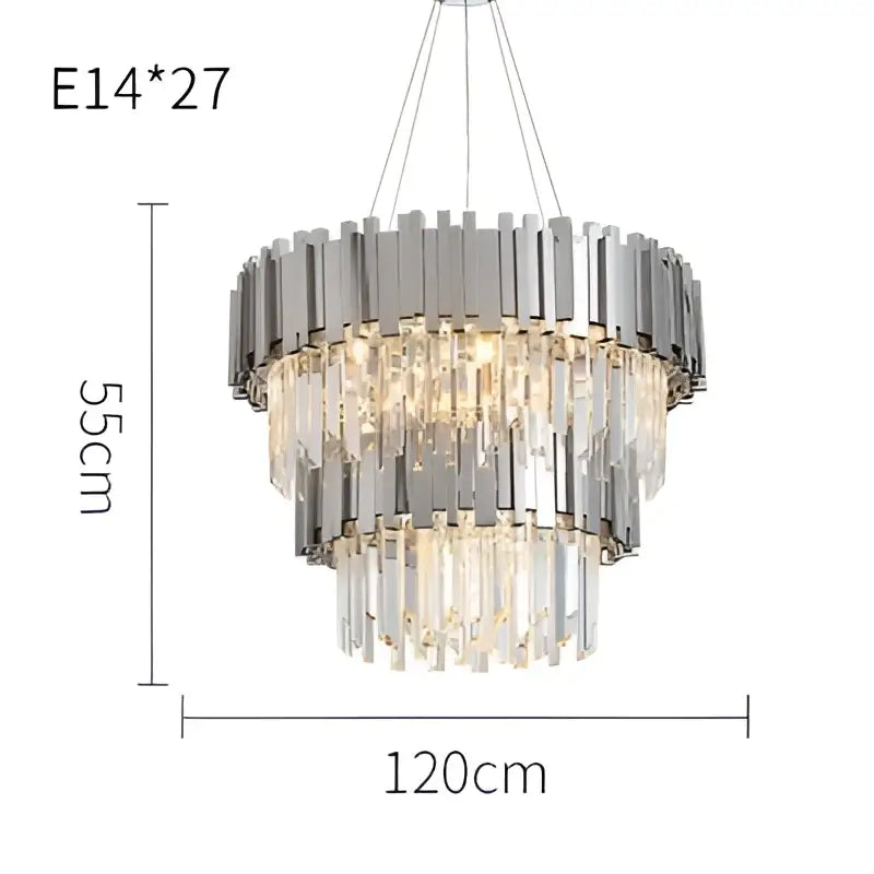 Chrome-finished tiered lighting fixture with cascading crystal droplets in decorbites black gold crystal design