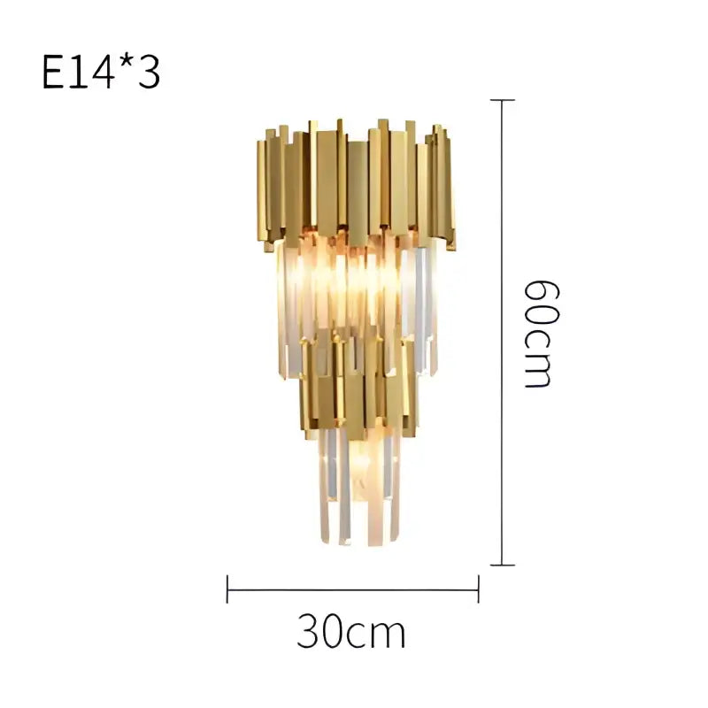 Decorbites black gold lighting fixture with three tiers of gold-toned brass and clear crystal accents, 60cm tall by 30cm wide