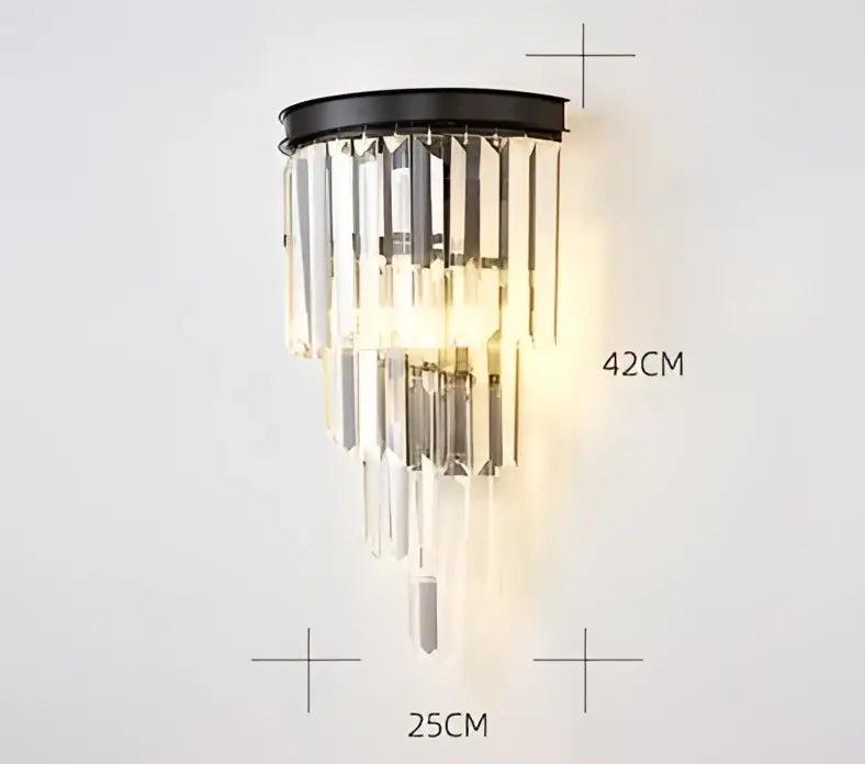 DecorBites black gold crystal wall light with black metal sconce and cascading clear crystal prisms for home use