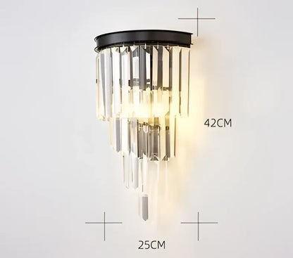 DecorBites black gold crystal wall light with black metal sconce and cascading clear crystal prisms for home use