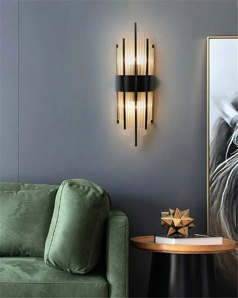 Modern decorbites black gold crystal wall lights with vertical glass rods and black metal frame for bedroom and living room