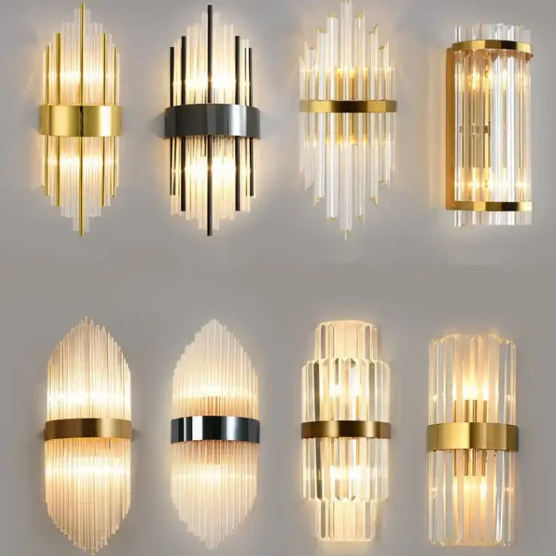 Modern DecorBites black gold crystal wall lights with gold and black metal frames and vertical glass rods for home use