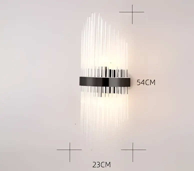 Modern wall sconce by DecorBites with sleek black metal band and cascading clear crystal prisms for elegant home décor