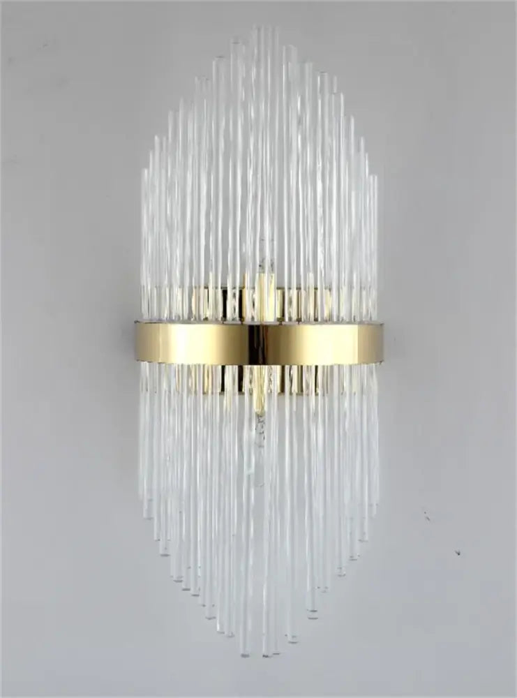 Clear glass rod crystal wall sconce with gold-toned metal frame for bedroom living room home décor by decorbites