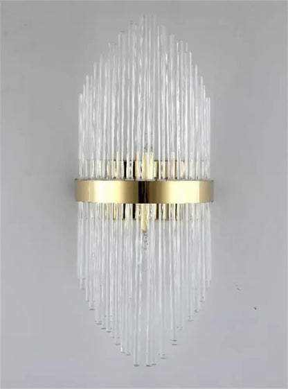 Clear glass rod crystal wall sconce with gold-toned metal frame for bedroom living room home décor by decorbites