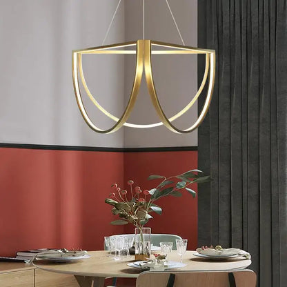 Modern gold-toned black gold geometric led pendant light with curved metallic rings from decorbites black gold collection