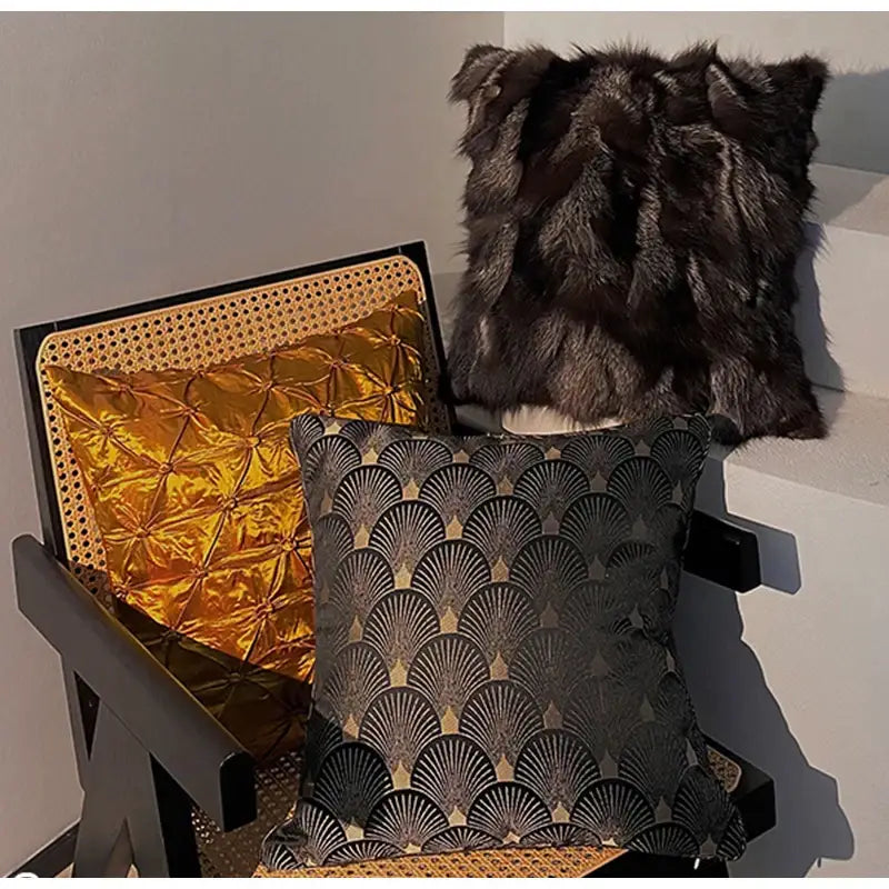 DecorBites™ black gold geometry textured throw pillow case with dark gray quilted art deco pattern and vintage luxury style