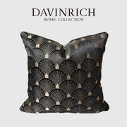 Black and gold art deco patterned throw pillow case from davinrich home collection for stylish home decor