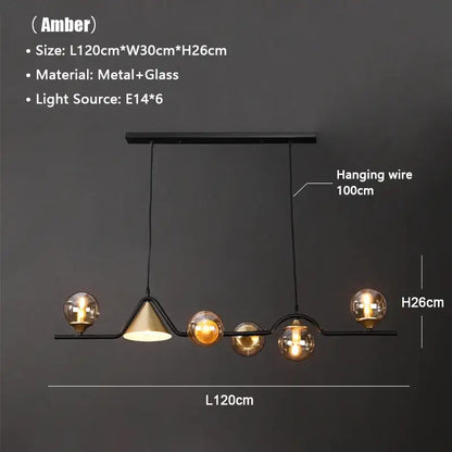 Decorbites black gold glass chandelier with modern amber glass pendant lights and sleek black metal frame with six bulbs