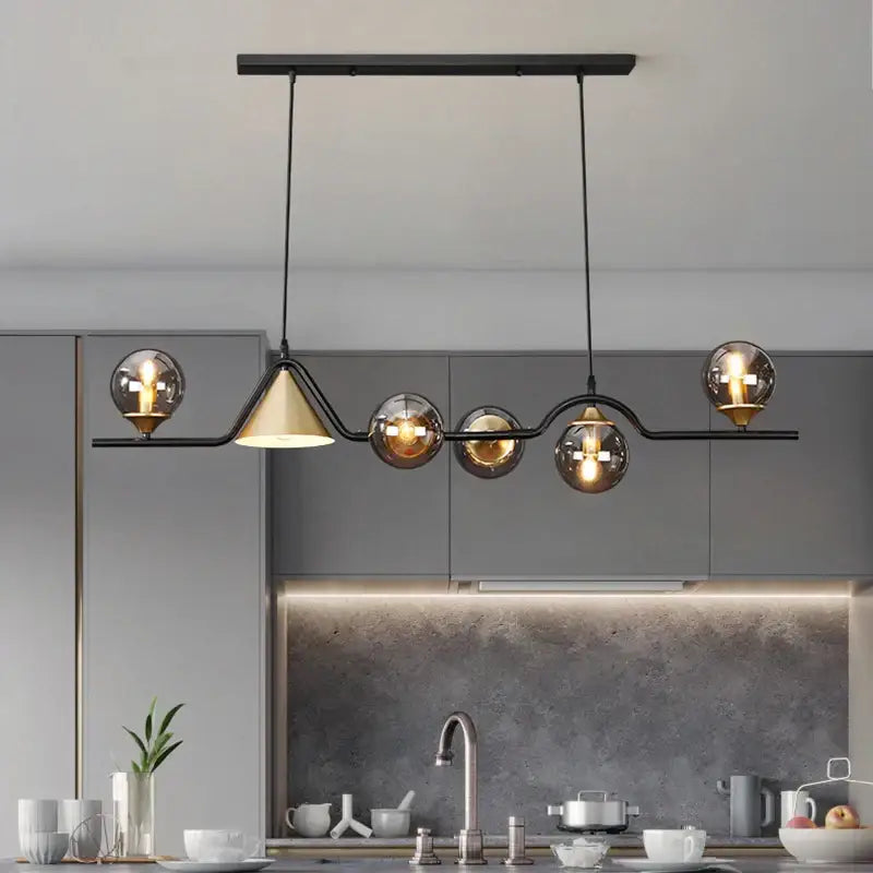 Decorbites black gold pendant light with modern black metal frame and amber gold glass chandelier globe bulbs