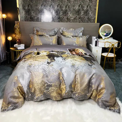 Luxury gray and gold marble-patterned satin duvet set with metallic accents from decorbites black gold egyptian cotton bedding set