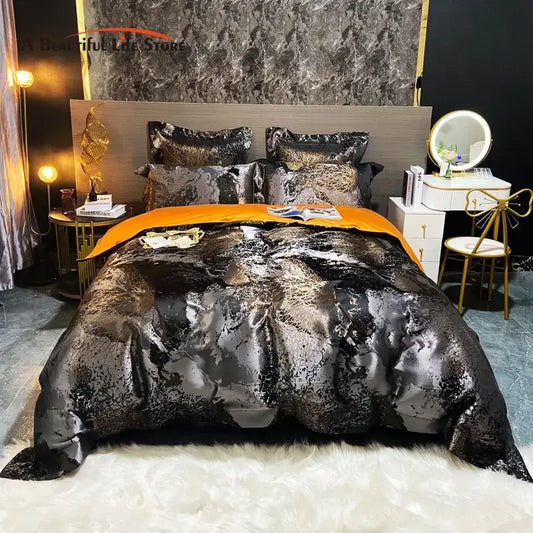 Decorbites black gold jacquard egyptian cotton bedding set with black and gold metallic satin duvet cover and pillowcases