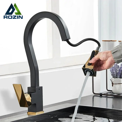 Decorbites black gold kitchen faucet with curved spout, pull-out spray head, and brushed metal finish for modern kitchens