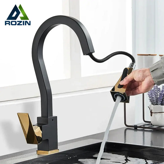 Decorbites black gold kitchen faucet with curved spout, pull-out spray head, and brushed metal finish for modern kitchens