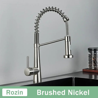 Brushed nickel kitchen faucet with flexible coiled gooseneck spout and pull-down spray head in decorbites black gold style