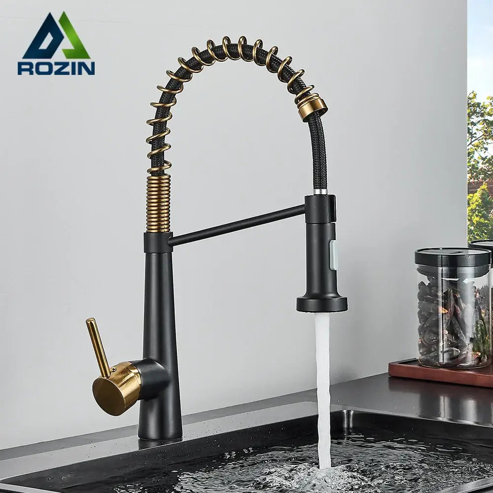 Decorbites black gold kitchen faucet with pull down sprayer featuring black gold finish and flexible coiled hose