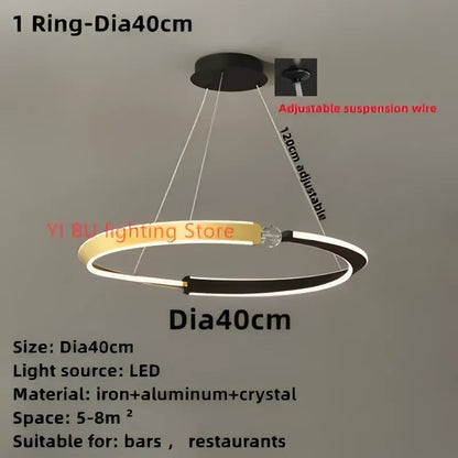 Decorbites black gold led circular chandelier with iron aluminum and crystal for dining room and bedroom lighting