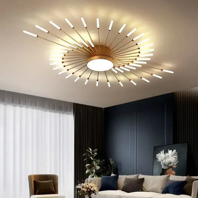 Gold-toned decorbites black gold led chandelier with central circular fixture and white cylindrical led arms for modern interiors