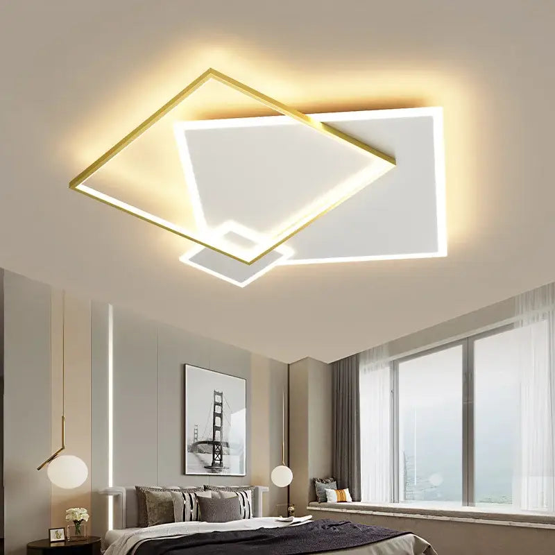 Modern square decorbites black gold led chandelier with gold trim and layered geometric design for living and dining rooms