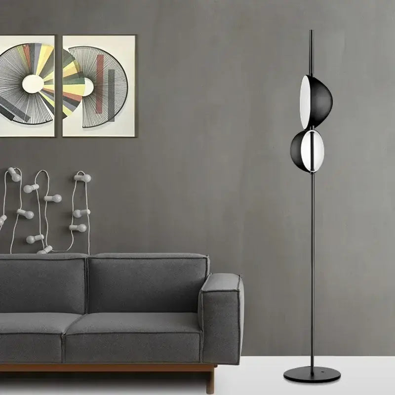 Modern black floor lamp decorbites black gold led with sleek minimalist design featuring two stacked circular shades