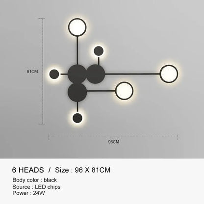 Decorbites black gold wall lamp with six spherical heads in molecular design modern black gold led fixture