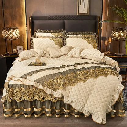 Cream and gold quilted DecorBites black gold luxury bedding set with velvet, intricate lace, and embroidered ruffles