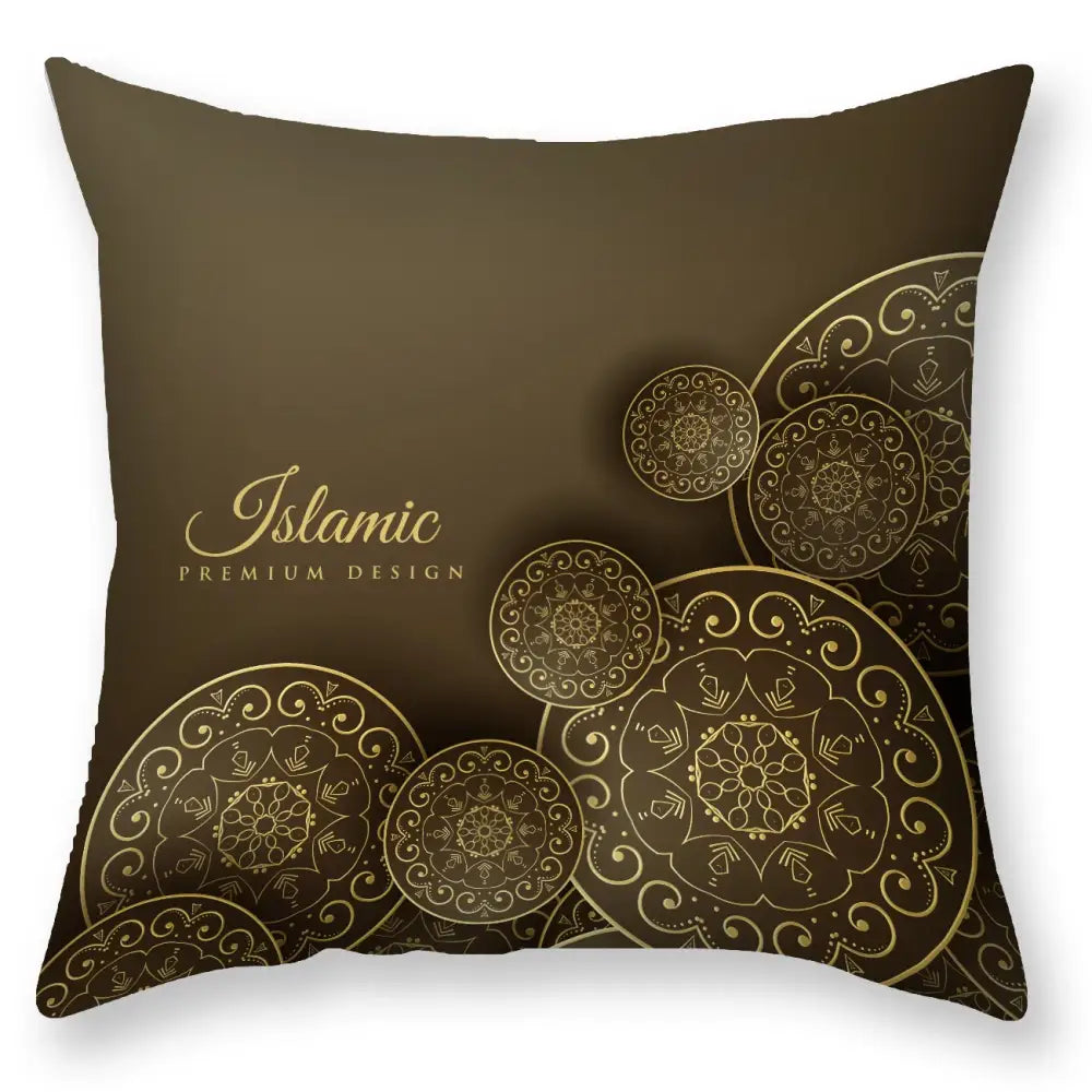 Brown throw pillow with intricate gold islamic geometric patterns in decorbites black gold mandala luxury printed pillowcase