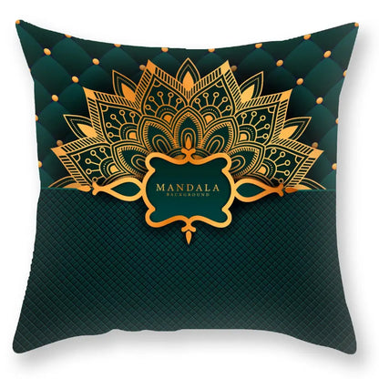 DecorBites black gold mandala luxury printed pillowcase in dark green with gold mandala and quilted texture