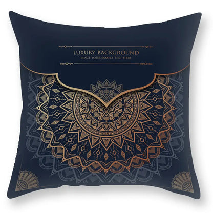 Deep navy decorbites black gold mandala throw pillow with intricate gold and bronze geometric patterns luxury printed case