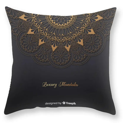 DecorBites black gold luxury printed pillowcase with black throw pillow featuring gold mandala and layered floral design