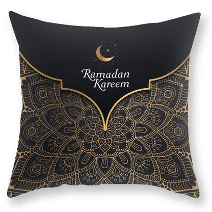 Decorbites black gold luxury printed pillowcase with black throw pillow featuring gold mandala and ramadan kareem crescent moon