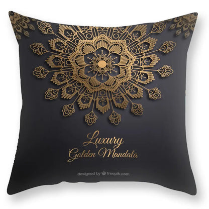 Decorbites black gold mandala luxury printed pillowcase featuring a black throw pillow with intricate golden floral design
