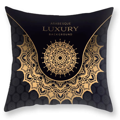 DecorBites black gold mandala luxury printed pillowcase with intricate gold arabesque design on black throw pillow