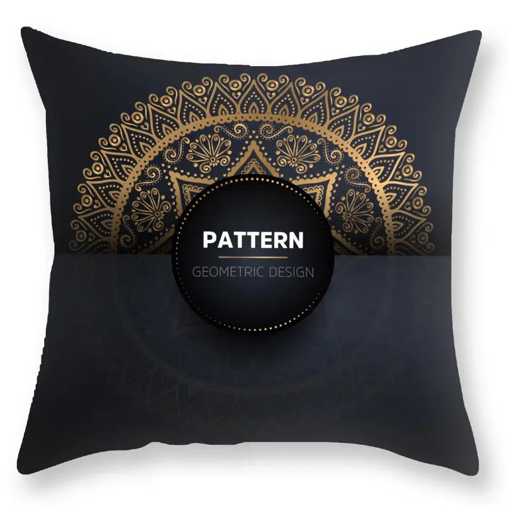 Black throw pillow with intricate gold geometric mandala design by decorbites black gold luxury printed pillowcase