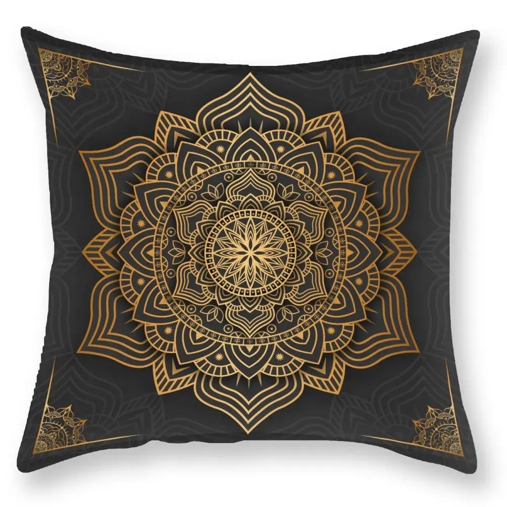 DecorBites black gold throw pillow with intricate mandala floral and geometric patterns in luxury printed design