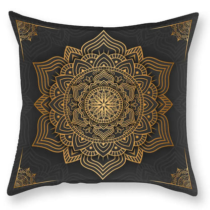 DecorBites black gold throw pillow with intricate mandala floral and geometric patterns in luxury printed design