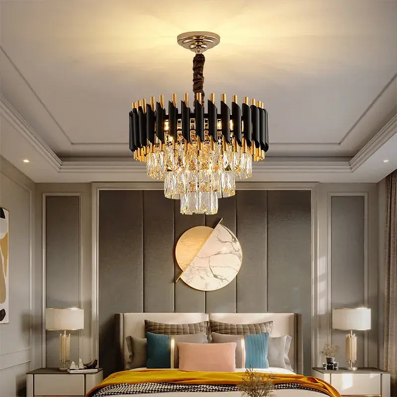 Decorbites black gold metal led chandelier with crystal droplets on twisted bronze stem for modern living room lighting