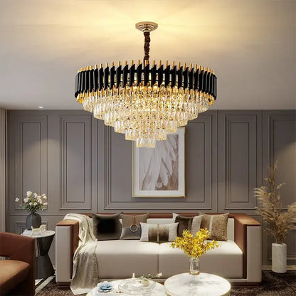 Decorbites black gold metal led chandelier with cascading crystal droplets for modern living room and dining areas