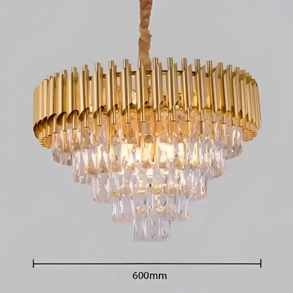 Decorbites black gold metal led chandelier with cascading clear crystal prisms and braided gold chain suspension