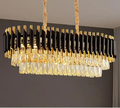 Decorbites black gold metal led chandelier with faceted crystal tiers for living room and dining modern lustre lamp