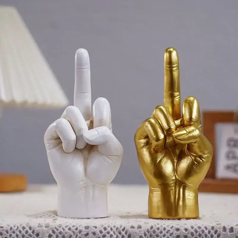 Decorbites black gold resin hand gesture figurines in white and gold including gold middle finger and peace sign decor