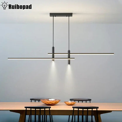 Modern black gold nordic pendant chandelier with two horizontal led bars and downward-facing spotlights for dining table