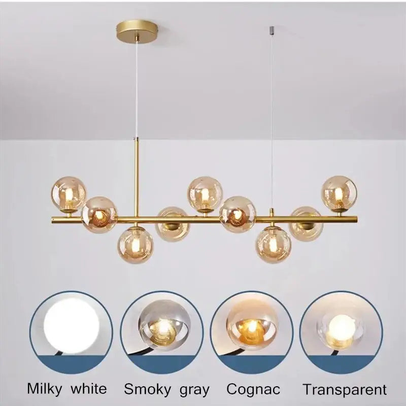 DecorBites black gold nordic pendant chandelier with gold-toned bar and glass globes for dining kitchen lighting