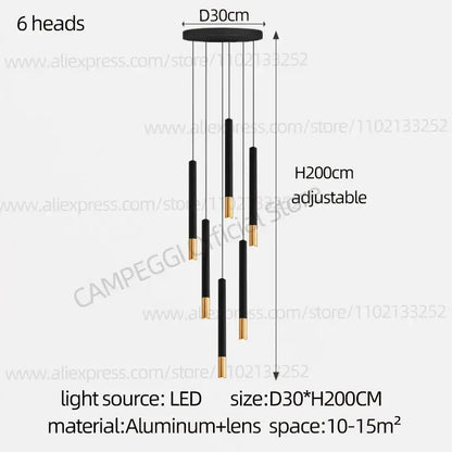 Decorbites black gold pendant lamp with six adjustable cylindrical led heads in modern nordic indoor lighting design