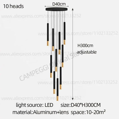 DecorBites black gold pendant lamp with ten slender vertical LED light heads in modern Nordic design