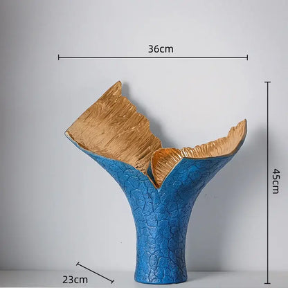 Decorbites black gold resin handicrafts blue and gold abstract vase with textured cracked surface for home decor