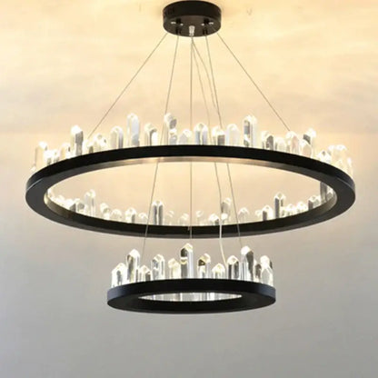 Modern black gold rings double-ring chandelier with clear crystal-like pendants for luxury living room lighting